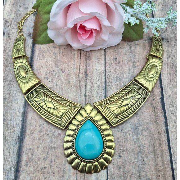 NWOT Gold Tone & Faux Turquoise Teardrop Bib Collar Necklace Southwestern 22" - Picture 1 of 10